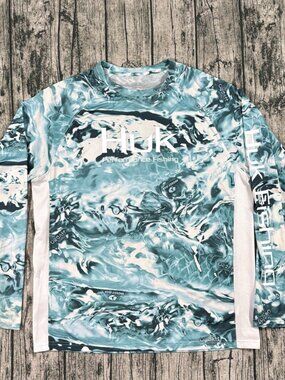 HUK Mossy Oak Hydro Elements Long Sleeve Fishing Shirt Mens L Teal UPF Sun